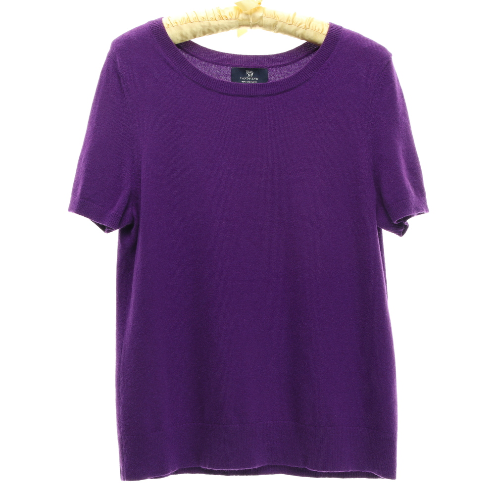 Lands End 100% Cashmere Short Sleeve Crew Neck Sweater Women M/P 10-12 Purple